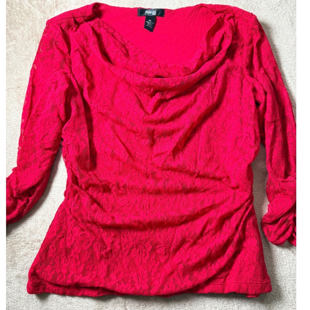 Style & Co Red Lace Cowl Neck Ruched Top PL Romantic Whimsigoth Coquette y2K